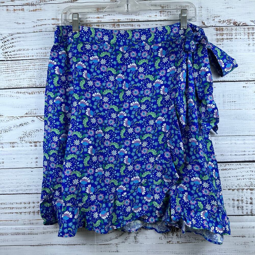 Womens Ann Taylor LOFT Blue White Floral Faux Wrap Flowy Mini Skirt Linen Sz 10